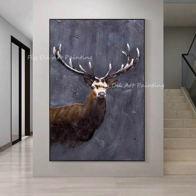 

Large Size 100% Handpainted deer thick dark grey canavs picture handmade picture oil paiinting for living room decoration