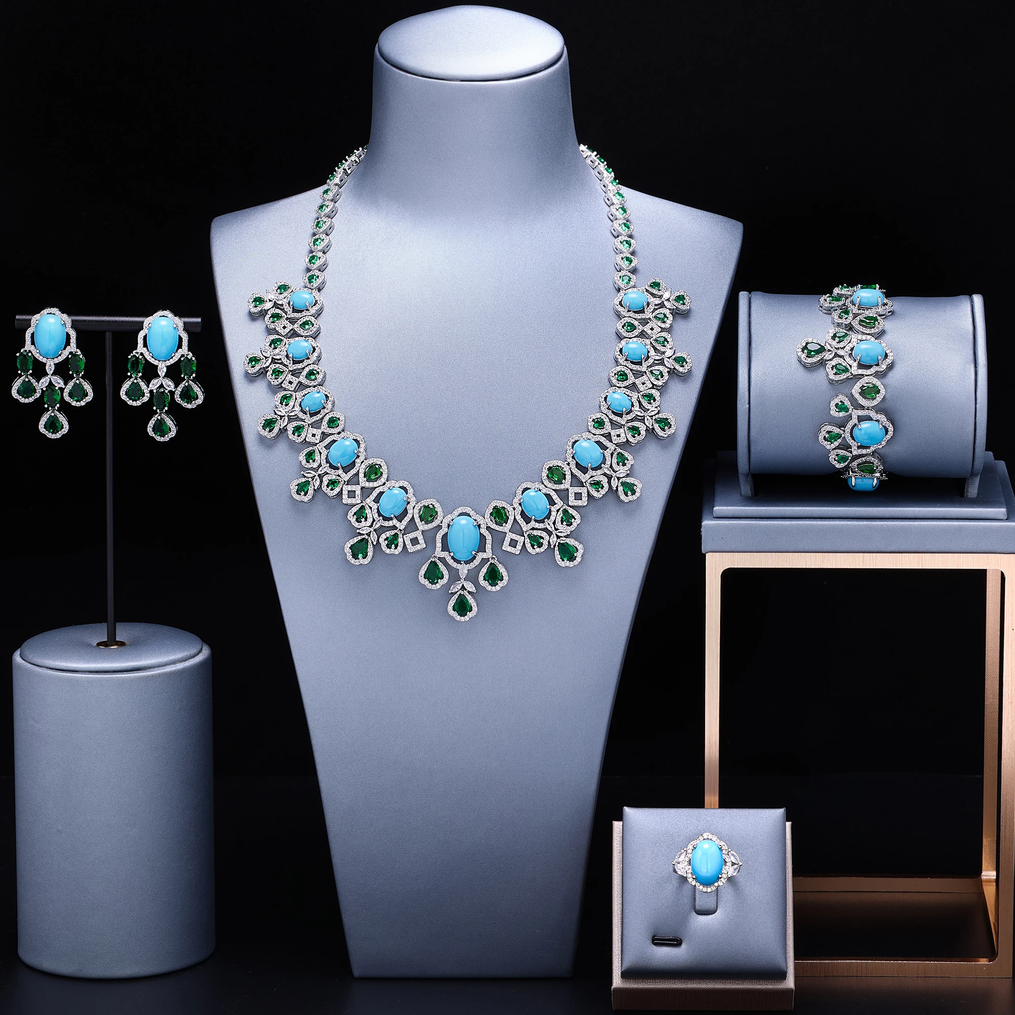 

2024 New Turquoise Colorful Zircon 4-Piece Bridal Wedding Jewelry Set Cubic zirconia Saudi Dubai Bridal Jewelry Set Gift