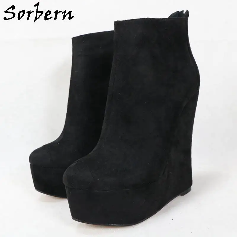 

Sorbern Black Faux Suede Boots Women High Heel Platform Wedges Unisex Booties Size EU33-48 Custom Narrow Heel Small Soles