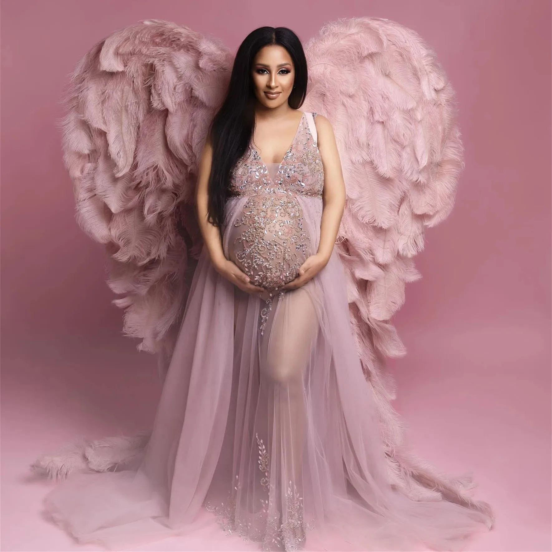 

Luxury Beading Tulle Maternity Dress for Photoshoot See Thru Pink Maternity Dresses V Neck Pregnancy BabyShower Dress Vestido