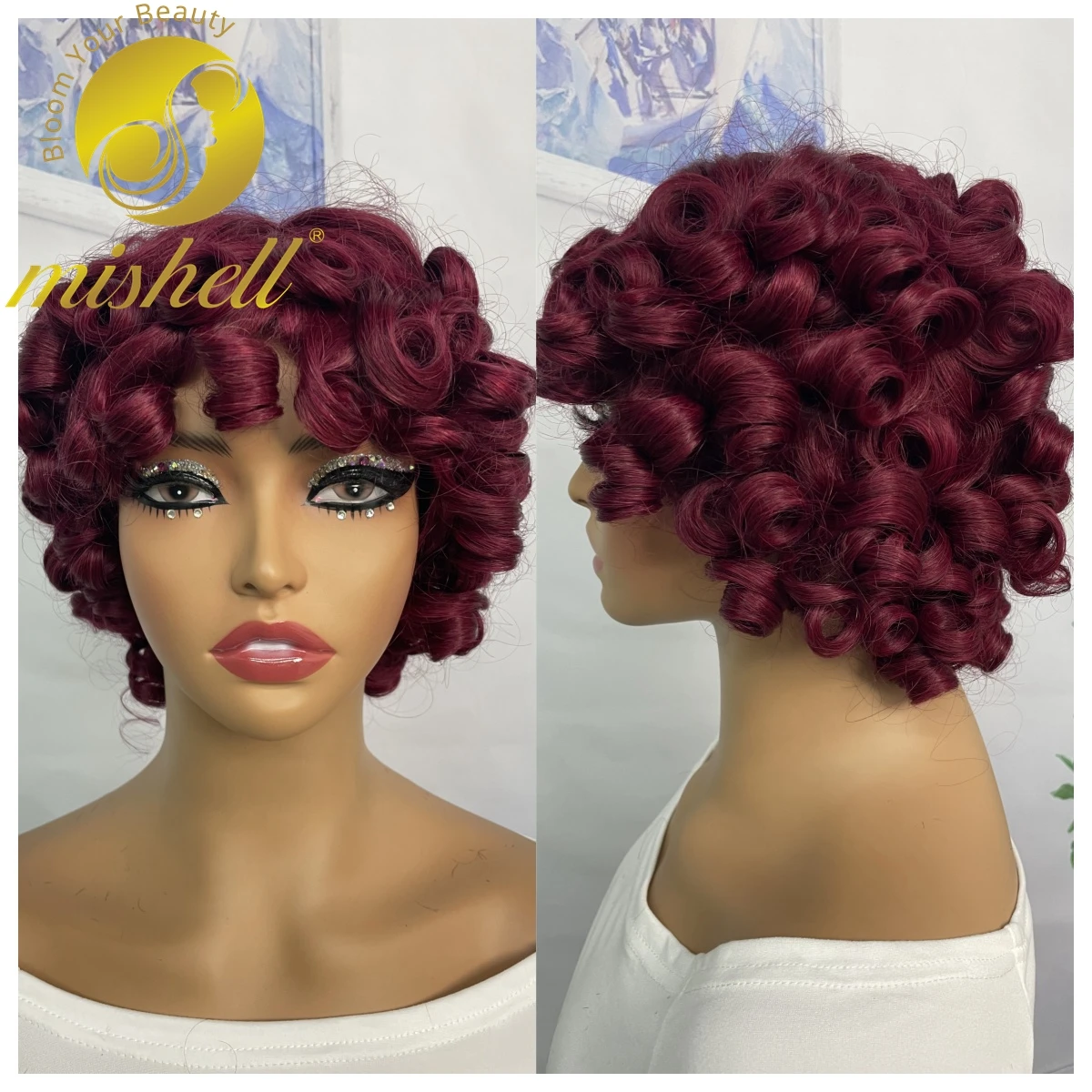 

200% 99J Burgundy Bouncy Curly Human Hair Wigs with Bangs Full Machine Made Wig Afro Kinky Curly Short Bob Wigs for Black Women