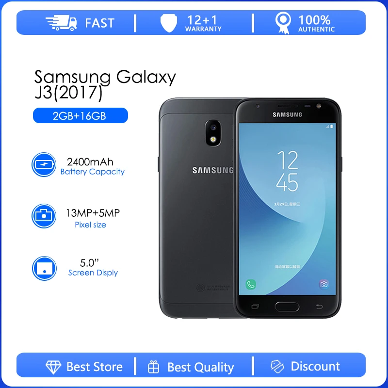 

Восстановленный Оригинальный сотовый телефон Samsung Galaxy J3 (2017), J330F, 5,0 дюйма, четырехъядерный, 2 Гб ОЗУ 16 Гб ПЗУ, камера 13 МП, две SIM-карты, разблокированный