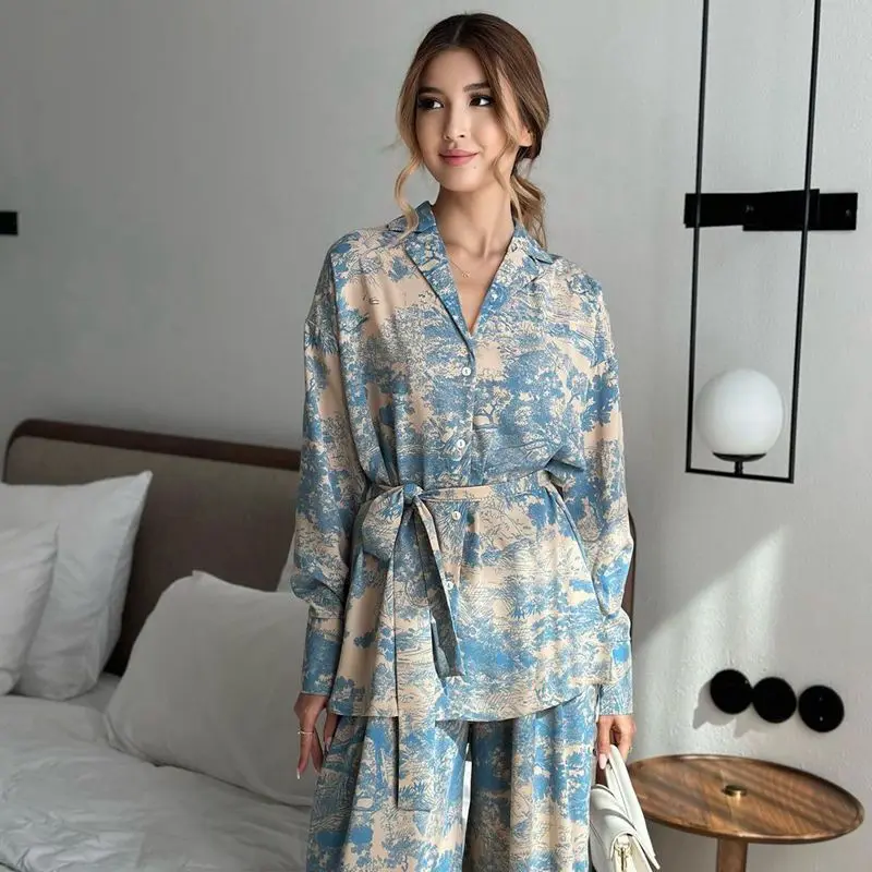 

Hot New Design Fashionable Sleepwear French Printed Long Sleeved Lace-Up Blue Graffiti Two-Piece High Waisted Women Pajamas Set