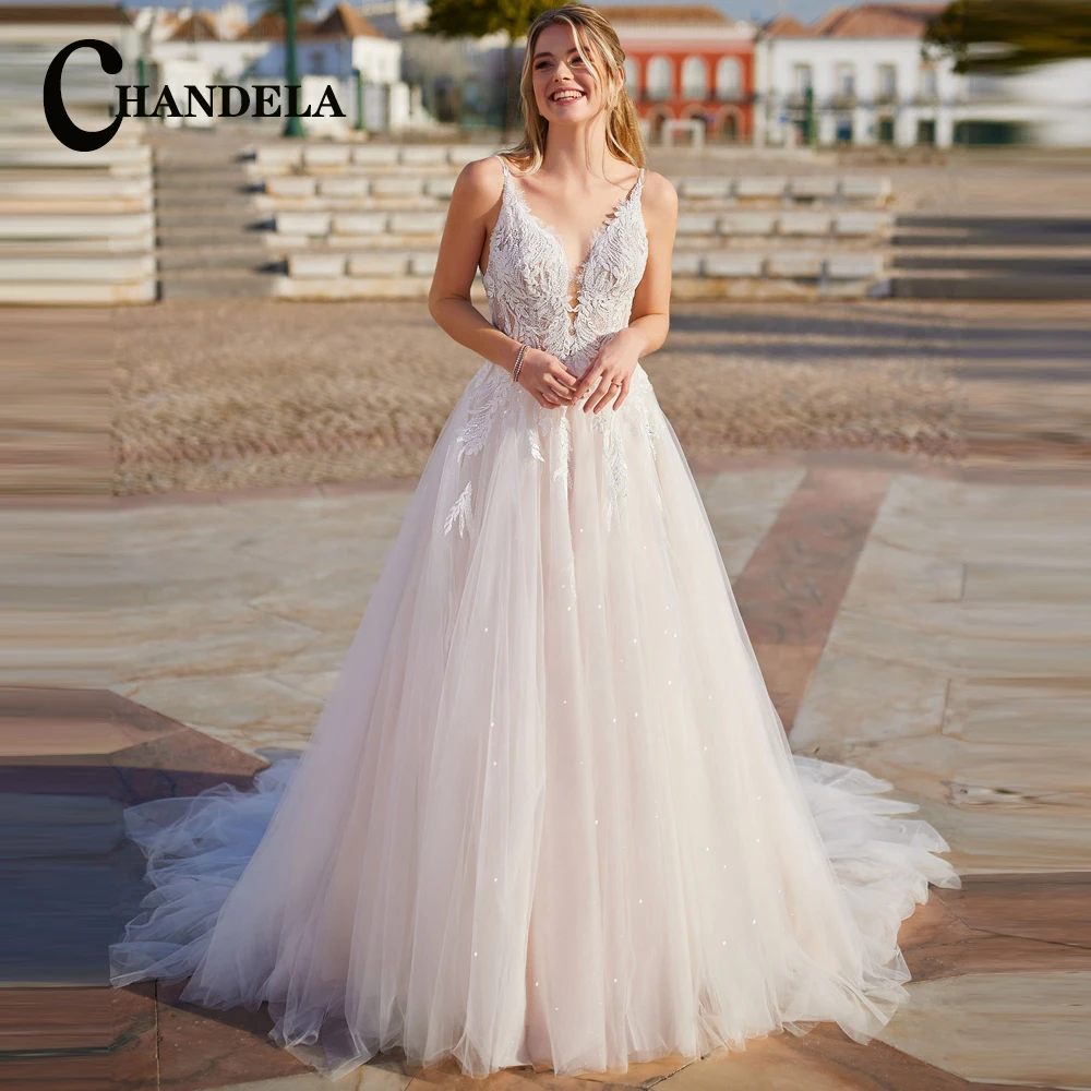 

CHANDELA Classic Wedding Dresses Pleat Appliques Tulle Scoop Spaghetti Straps Bridal Gown Robe De Mariée For Women Custom Made