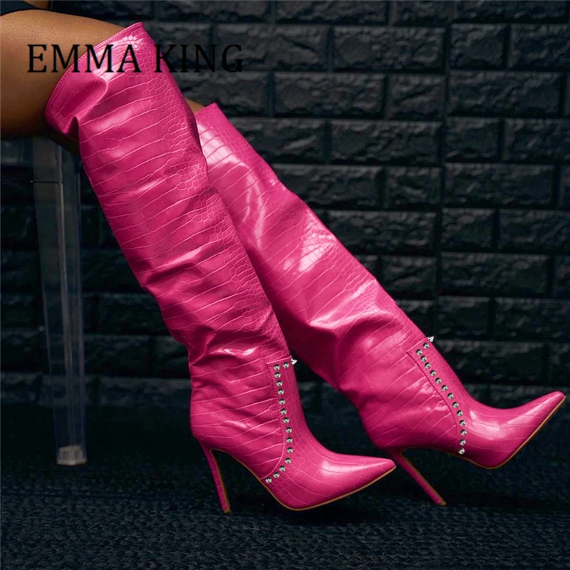 

Autumn Women Rivet Decor Knee High Boots Sexy Pointed Toe Stiletto Heels Boots Slip On Snake Skin Knight Boots Botas De Mujer