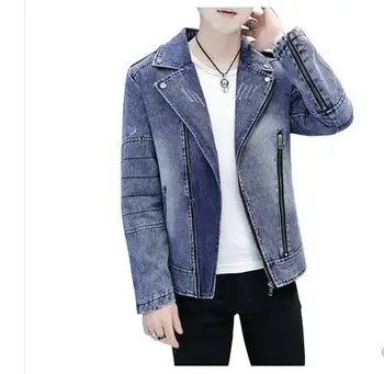 

2020 Men's Clothing, New, Oblique Zipper Slim-Fit Lapel Denim Jacket, Youth Casual Epaulet Multi-Zip Denim Jacket