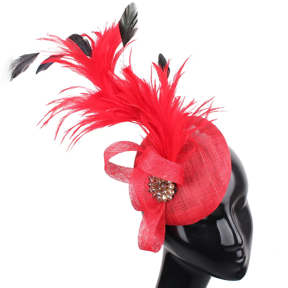 

Women Elegant Sinamay Red Fascinators Fancy Feathers Millinery Hats For Ladies Bride Headpiece Party Tea Royal Hair Accessories