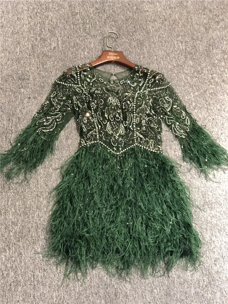 Фото 100% Real Pictures Dark Green Luxurious Beads with Feathers Knee Lenght Formal Prom Party Celebrity Dance Evening Dresses  Свадьбы | Evening Dresses (1005003584281528)