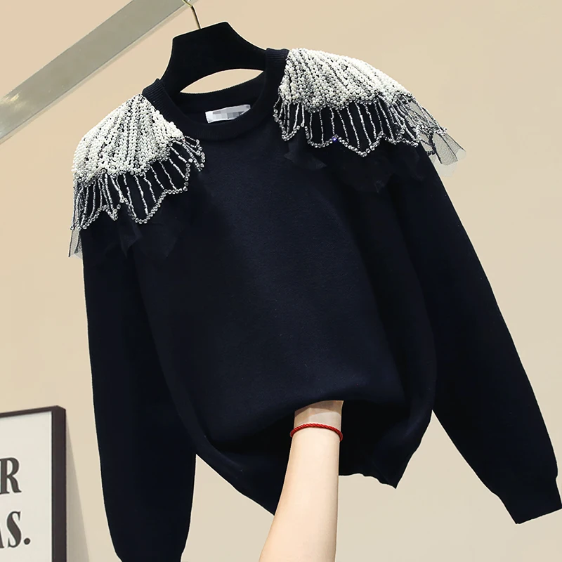 Heavy Handmade Beads Pullover Sweater Women Sweater Black Sweaters Female Outwear Pull Femme Pullovers Autumn Winter 
Heavy Handmade Beads Pullover Sweater Women Sweater Black Sweaters Female Outwear Pull Femme Pullovers Autumn Winter