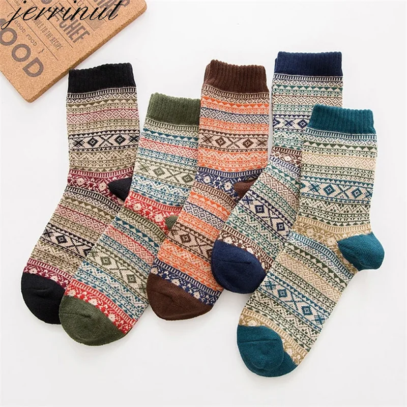 

Jerrinut 1 Pair Socks Men Casual Winter Thick Warm Wool Stripes Cotton Business Harajuku Happy Men's Socks