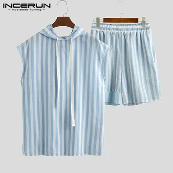 2020 Men Striped Pajamas Sets Hooded Sleeveless Tops Shorts Breathable Loungewear Sets Summer Fashion Bodybuilding Suit INCERUN 
2020 Men Striped Pajamas Sets Hooded Sleeveless Tops Shorts Breathable Loungewear Sets Summer Fashion Bodybuilding Suit INCERUN