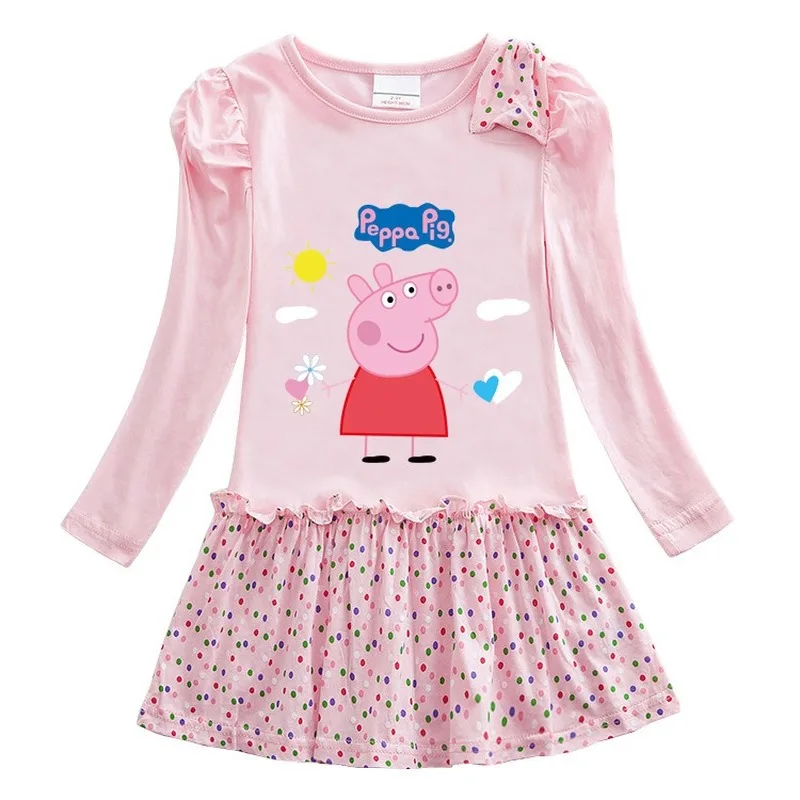 

Peppa Pig Height 80-140cm Child Girl One Piece Skirt Cotton Cute Cartoon Printed Long Sleeve Polka Dot Hem Children's Dress