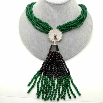 

19'' 7 Strands Green J1ade Onyx Garnet Necklace CZ Tassel Pendant