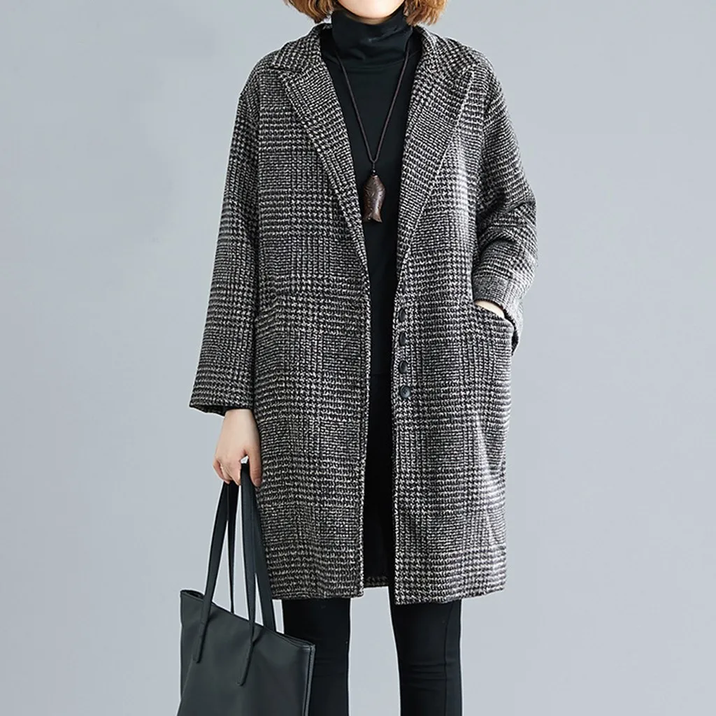 

KANCOOLD coats Women fashion Work Plaid Vintage Winter Office Long Sleeve Button Woolen new coats and jackets women 2019Sep26
