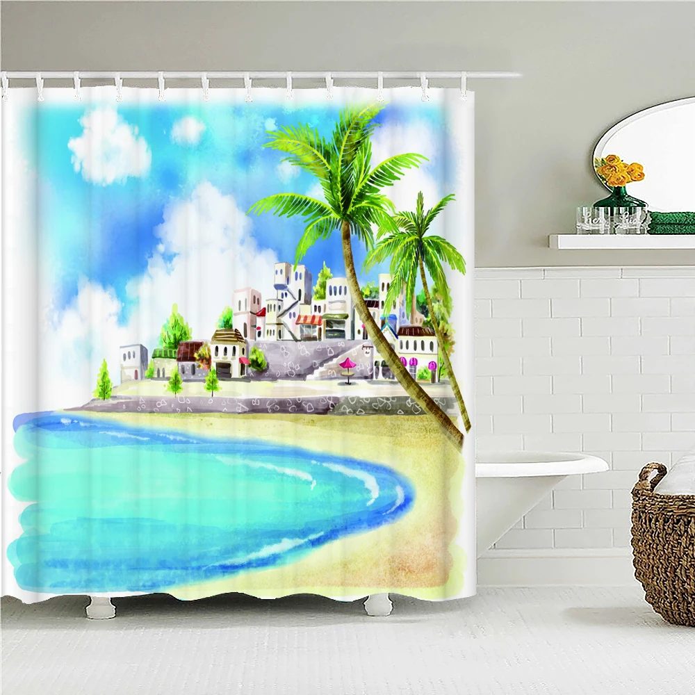 

Sunny Sea Beach Palm Tree Scenery Printed Shower Curtains Waterproof Polyester Frabic Decor Bathroom Curtains With Hooks