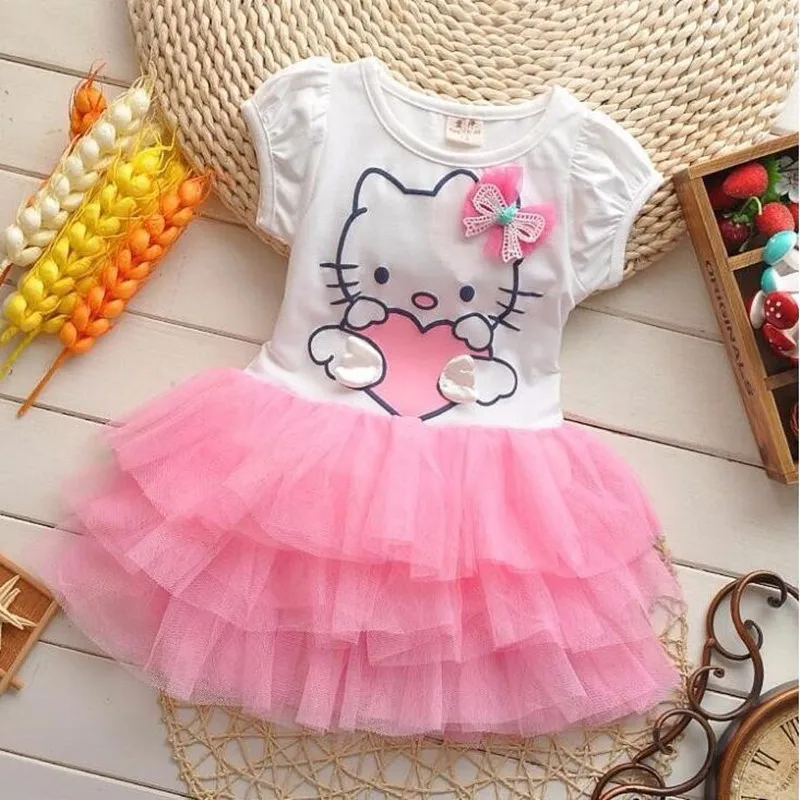 

Hello Kitty Flower Baby Girls Dress Tutu Princess Kids Dress for Girl Summer Short Sleeve Children Clothes Lace Layered Dress