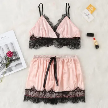 2020 Fashion Pajamas For Women Summer Sexy V-Neck Lace Satin Striped Camisole Pajamas Sleepwear Bowknot Shorts Set mujer K56 
2020 Fashion Pajamas For Women Summer Sexy V-Neck Lace Satin Striped Camisole Pajamas Sleepwear Bowknot Shorts Set mujer K56