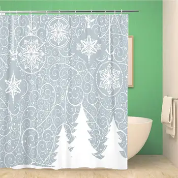 

Bathroom Shower Curtain Blue Snowflake Beautiful Xmas Tree Christmas Swirl Winter Bauble Retro Polyester Fabric 72x78 inches