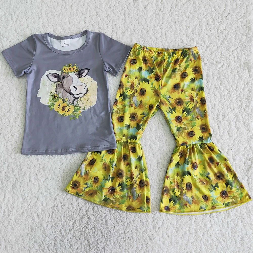 

Toddler Baby Girl Designer Clothes Sets Cow Print Fashion Kids Boutique Clothing Sets Sunflower Cute Baby Girls Clothes Bell Set