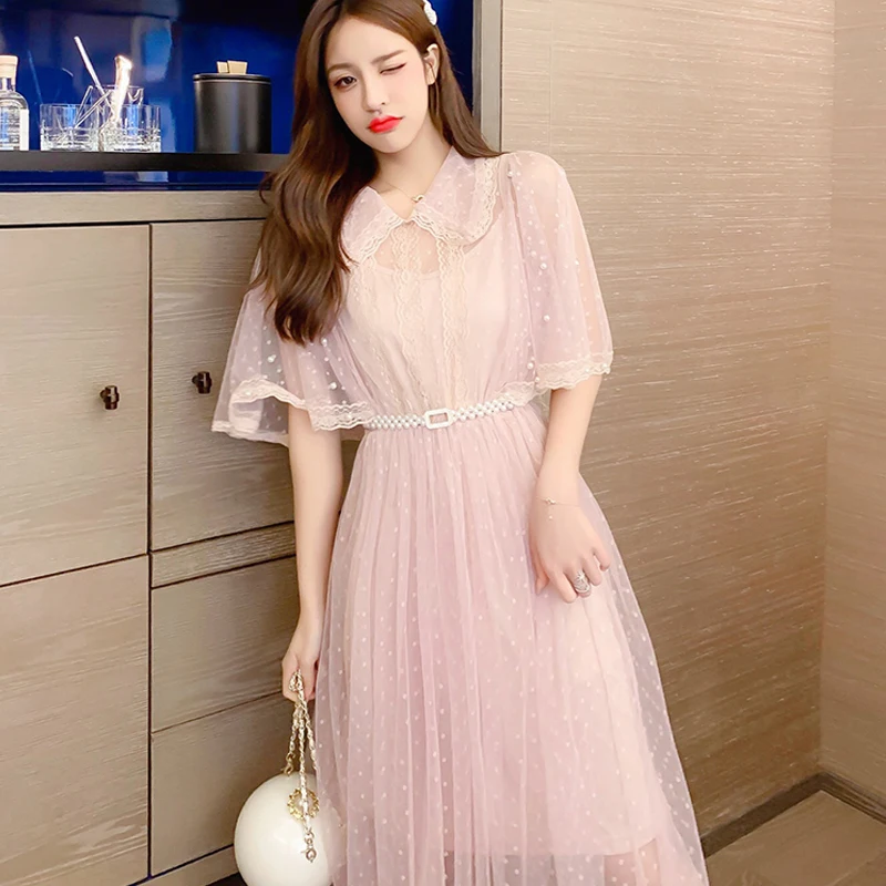 Medium-length White Dress Elegant 2020 Summer Korean Half Sleeves Transparent Mesh Lace Beaded Chiffon Long Women 767B | Женская одежда