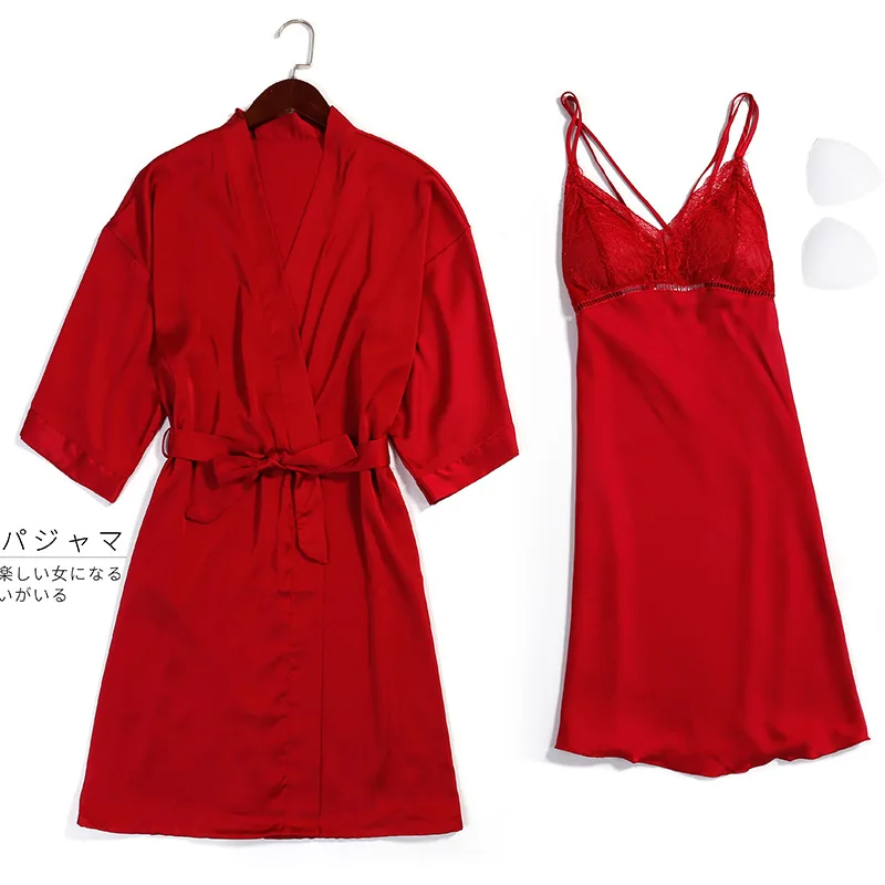 

Red Satin Lace Robe Set Home Clothes Sexy Kimono Bath Gown Nightgown Short Women Sleepwear Night Dress Twinset Intimate Lingerie