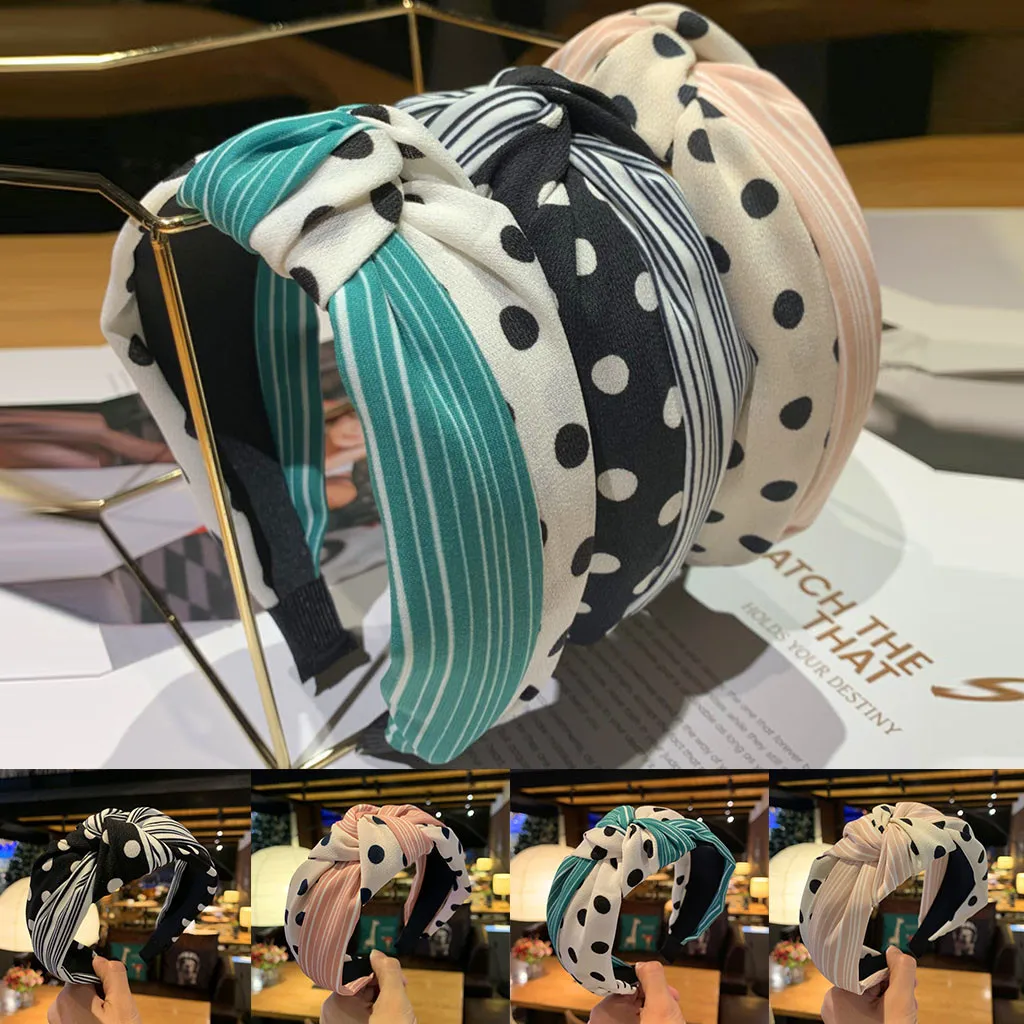 Милая повязка на голову в полоску горошек с крестиком простая элегантная женская