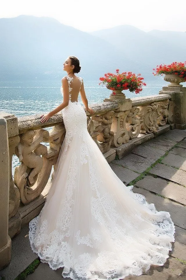 suknie slubne Full Lace Mermaid Wedding Dresses Vintage 2020 Sleeveless Court Train Sheer Back Bridal Wedding Gowns For Bride (2)