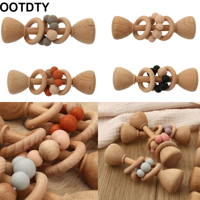 

1pc Baby Teether Wooden Music Rattle BPA Free Gym Ring Rodent Silicone Beads Newborn Educational Montessori Toys