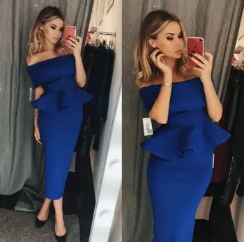 2020 Royal Blue Sexy Prom Dresses Tea Length Ruffles Off Shoulder Party Evening Gowns For Women Girls Custom Made
2020 Royal Blue Sexy Prom Dresses Tea Length Ruffles Off Shoulder Party Evening Gowns For Women Girls Custom Made