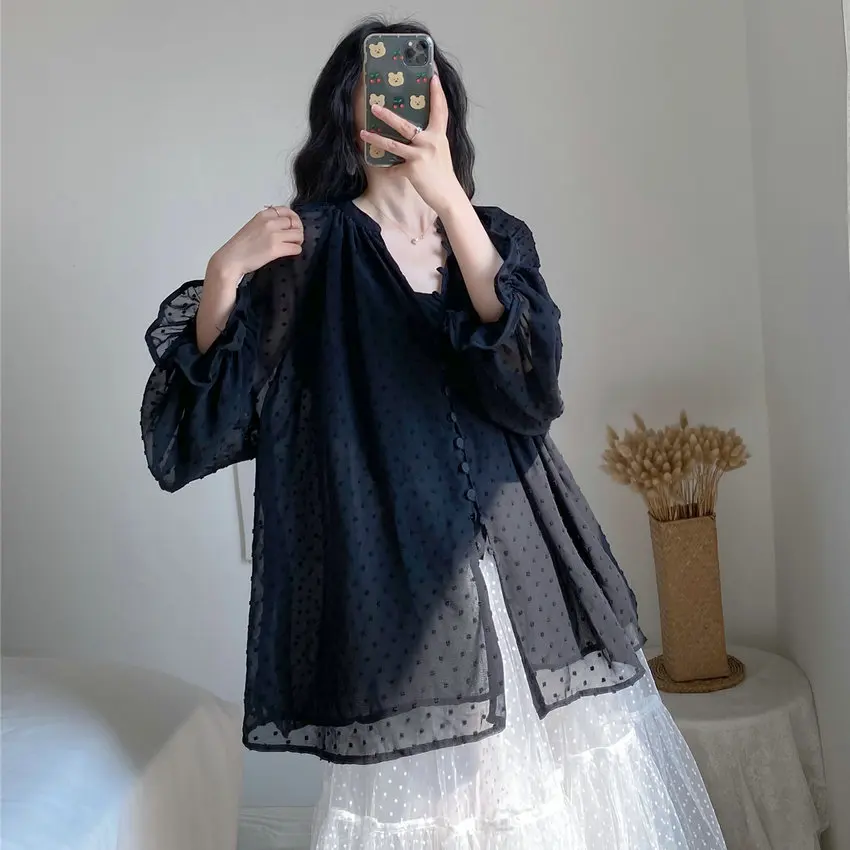 2021 Spring Black Loose Shirt Women Oversize Cozy Layered Top Ruffle Cuff Long Puff Sleeve Thin Fabric Polka Dot Streetwear Lady
2021 Spring Black Loose Shirt Women Oversize Cozy Layered Top Ruffle Cuff Long Puff Sleeve Thin Fabric Polka Dot Streetwear Lady