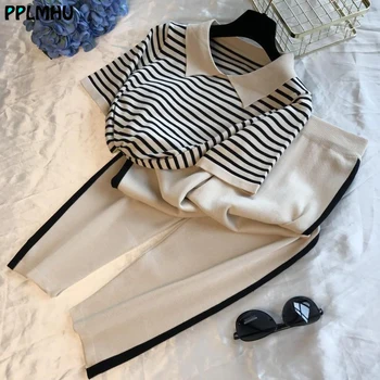 Fashion stripe patchwork knitted two peice set women turn-down collar short sleeve sweater tops+harem pants casual tracksuit
Fashion stripe patchwork knitted two peice set women turn-down collar short sleeve sweater tops+harem pants casual tracksuit