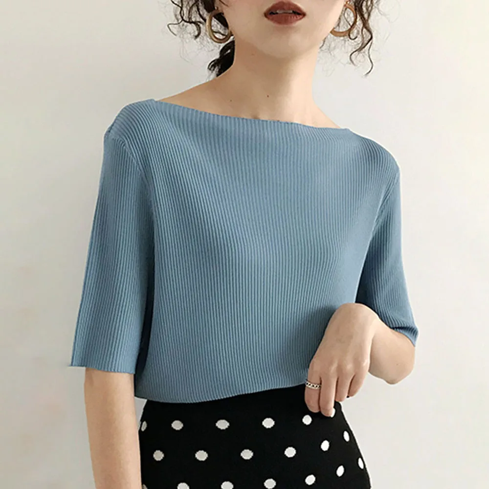 2020 Ice Silk Knitwear Woman Spring Summer Slim Cool Breathable Shirt Office Lady Causal Tops One Word Collar Knitwear
2020 Ice Silk Knitwear Woman Spring Summer Slim Cool Breathable Shirt Office Lady Causal Tops One Word Collar Knitwear