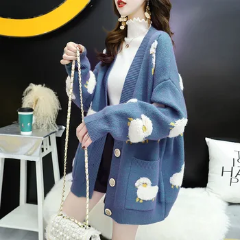 Knit Sheep Cartoon Print Women's Cardigan V Neck Long Sleeve Pockets Female Cardigans Autumn Streetwear Loose Girls Outwear 
Knit Sheep Cartoon Print Women's Cardigan V Neck Long Sleeve Pockets Female Cardigans Autumn Streetwear Loose Girls Outwear