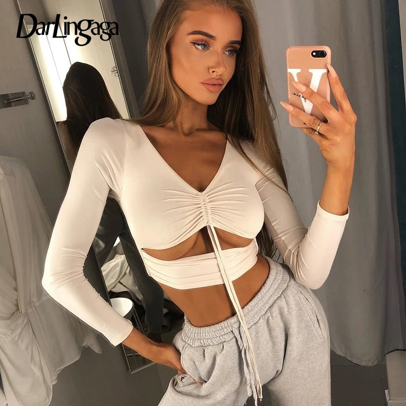 Darlingaga Fashion V Neck White T shirt Women Autumn Basic Cropped Neon Tops Drawstring T-shirt Sexy Cut Out Tee Long Sleeve New 
Darlingaga Fashion V Neck White T shirt Women Autumn Basic Cropped Neon Tops Drawstring T-shirt Sexy Cut Out Tee Long Sleeve New