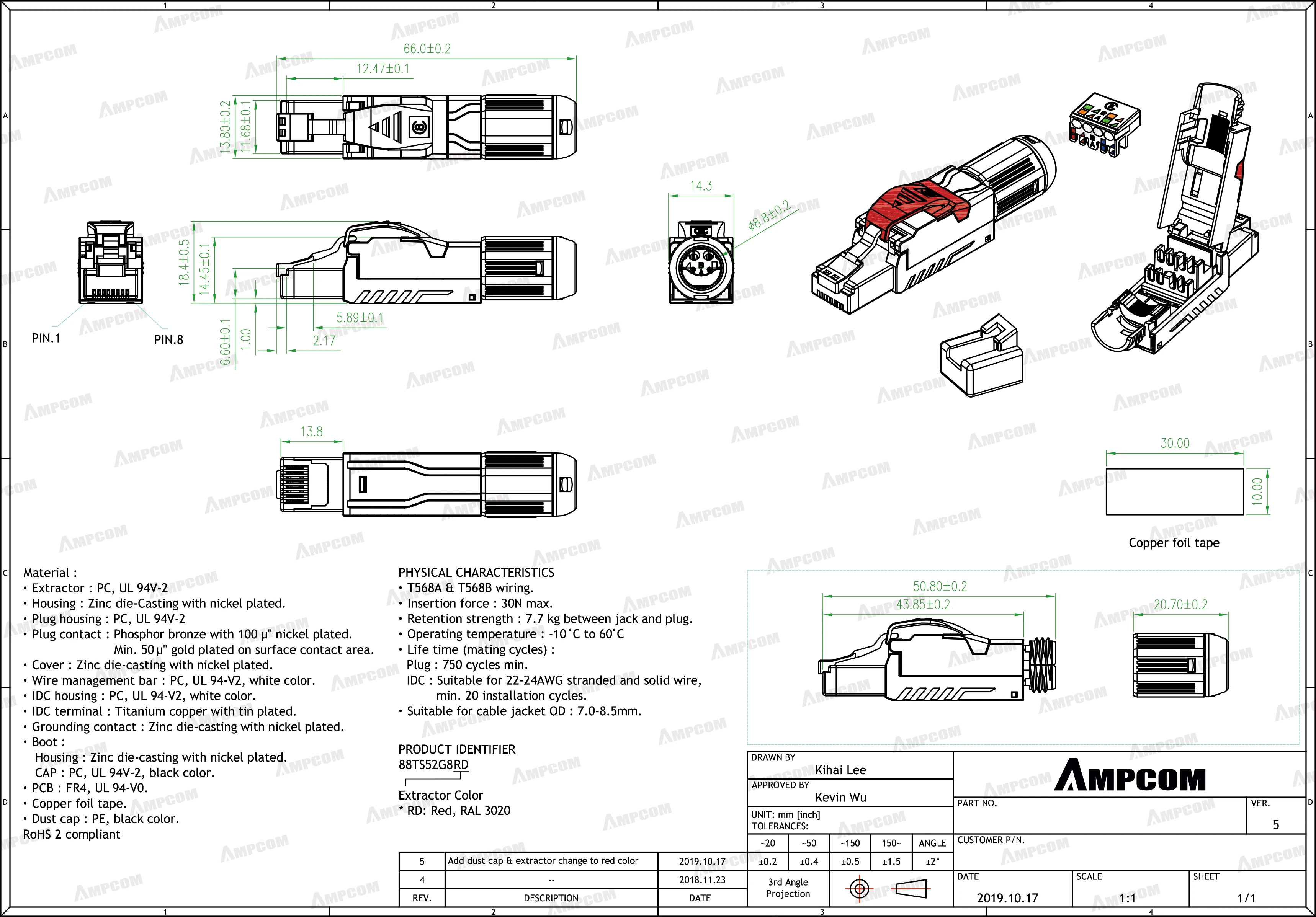 AMPCOM 2Pcs Cat8 Shielded Modular Plug - Field Termination Tool-Free 40G 2Ghz, 22-24AWG - (Fits Cat7A & Cat8 Cable)