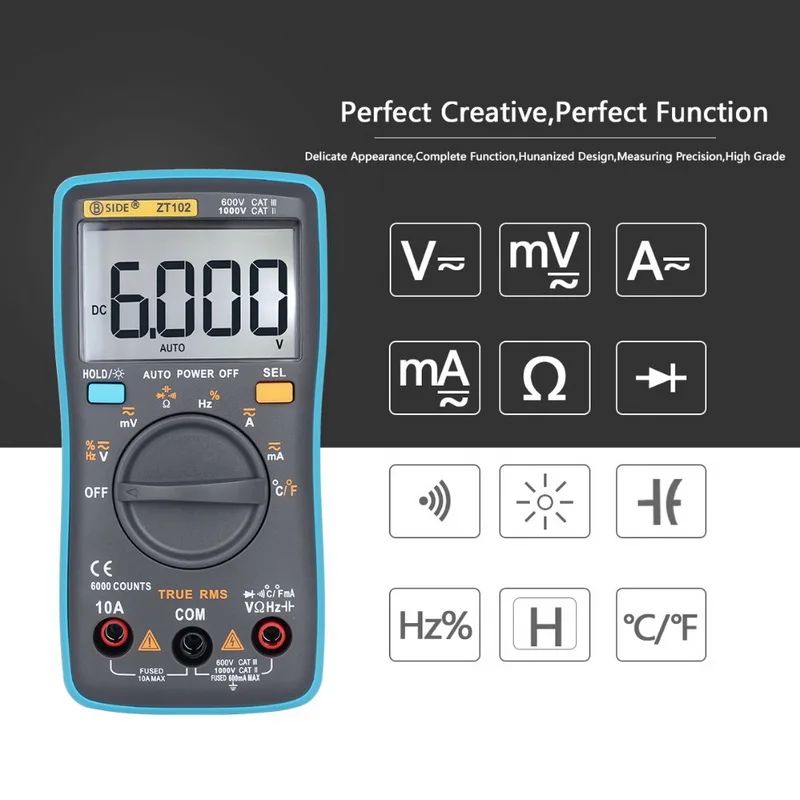 ZOYI ZT101 ZT102 Digital Auto Range Portable Multimeter 6000 counts Backlight Ammeter Voltmeter Ohm English/Russian user manual
ZOYI ZT101 ZT102 Digital Auto Range Portable Multimeter 6000 counts Backlight Ammeter Voltmeter Ohm English/Russian user manual