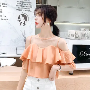 One-line collar lotus leaf chiffon shirt women's chiffon shirt summer red
One-line collar lotus leaf chiffon shirt women's chiffon shirt summer red