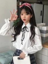 Outono nova camisa de manga longa bonito das mulheres coreano uniforme escolar japonês faculdade vento cor sólida selvagem arco camisa botão estudante(China)