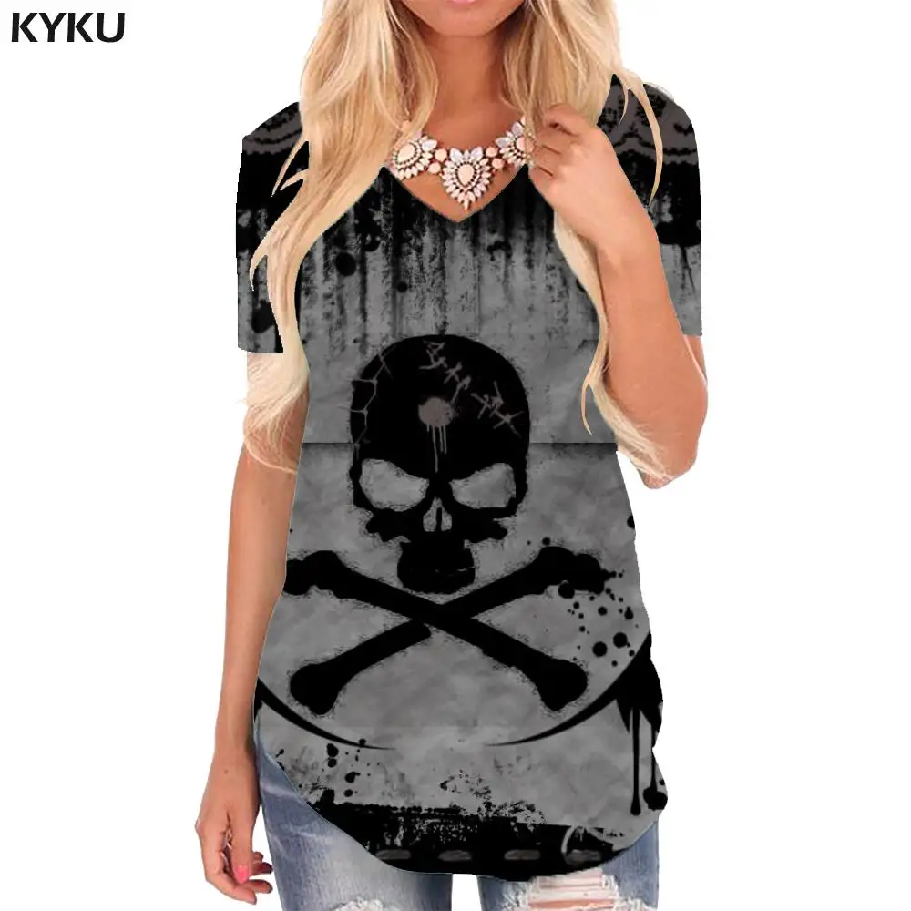 

KYKU Skull T-shirt women Punk Shirt Print Wing Tshirts Printed Black Funny T shirts Venom V-neck Tshirt Womens Clothing Hip hop