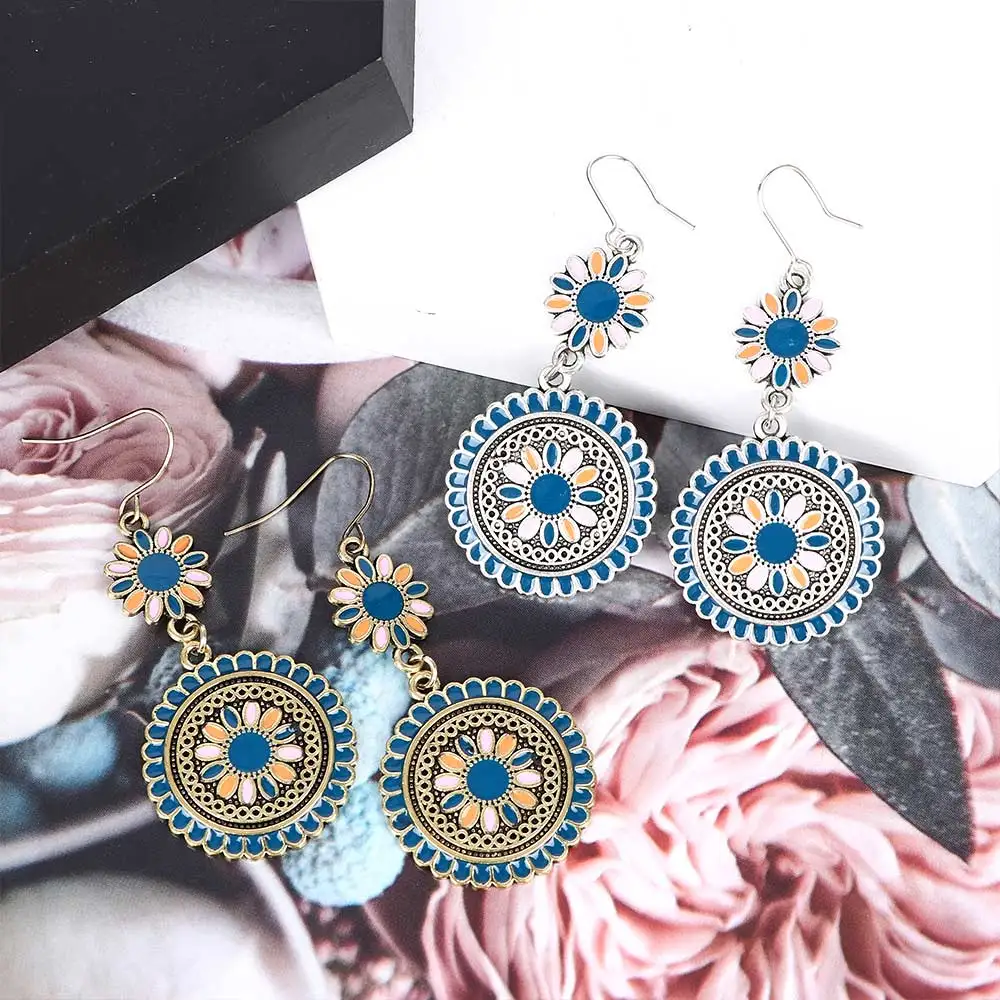 

Vintage Ethnic Carving Size Flower Pattern Enamel Drip Earrings Ladies Wedding Party Fashion Jewelry Accessories