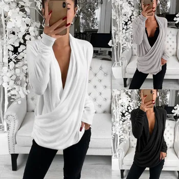 Elegant Deep V Neck Long Sleeve Overlap Ladies Tops Loose Autumn T Shirt Female Black Grey White Casual T Shirts Women Clothing
Elegant Deep V Neck Long Sleeve Overlap Ladies Tops Loose Autumn T Shirt Female Black Grey White Casual T Shirts Women Clothing
