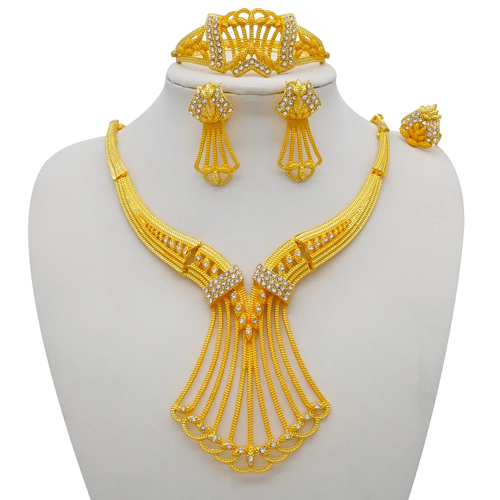 

Dubai 24K Gold Color Jewelry Sets For Women Indian Ethiopia Necklace Pendant Earrings Set Africa Saudi Arabia Wedding Party Gift