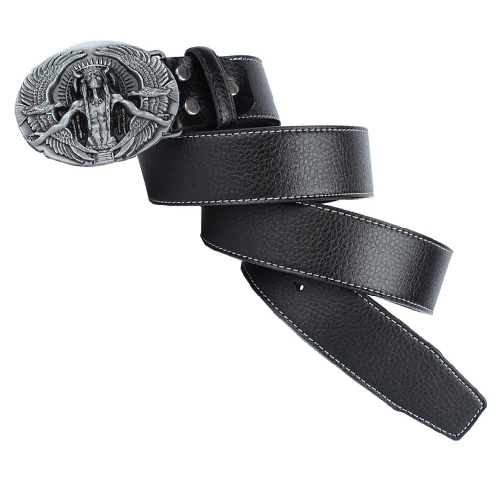 Men's PU Leather Casual Belt with Oval Zinc Alloy Carved Native Chief Eagle Buckle Waistband Men's PU Leather Casual Belt with Oval Zinc Alloy Carved Native Chief Eagle Buckle Waistband