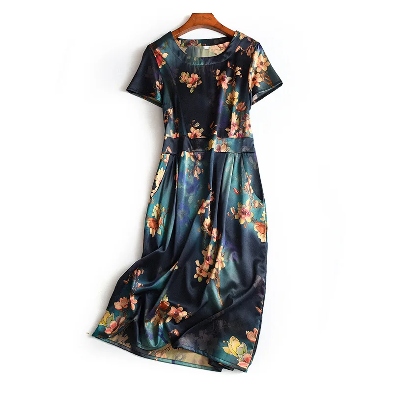 2020 Summer Wear New Style Printed Waist Hugging Stretch Satin Silk Dress Women's Mulberry Silk Middle-aged Middle-aged Women Dr 
2020 Summer Wear New Style Printed Waist Hugging Stretch Satin Silk Dress Women's Mulberry Silk Middle-aged Middle-aged Women Dr