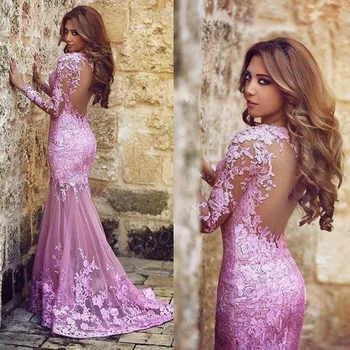 

New Arabic Sexy Pink Sheer Long Sleeve Lace Mermaid Prom Dress Tulle Lace Applique Seen Through Back Formal Party Evening Gowns