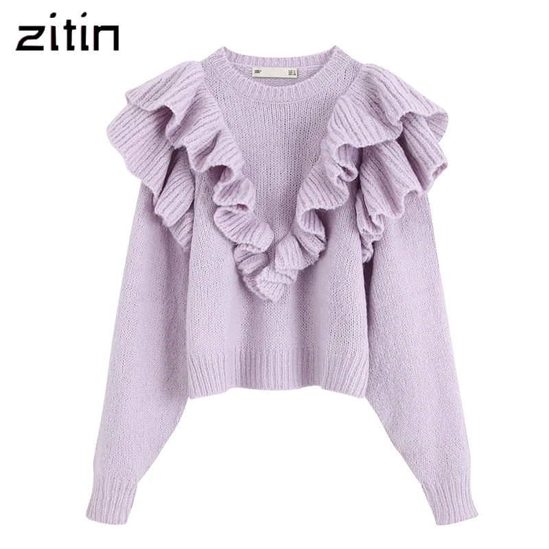 vintage stylish ruffles short style knitted sweater women 2019 fashion O neck long sleeve sweet pullovers chic tops solid femme | Женская