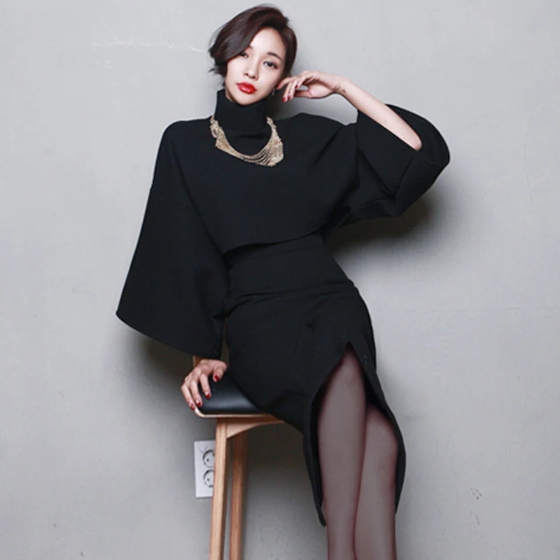 

Korean Style Turtleneck Batwing Sleeve Woolen Dress Seperate 2 Pieces Midi Dress Plus Size Slit Women Winter Dress Vestidos 2019