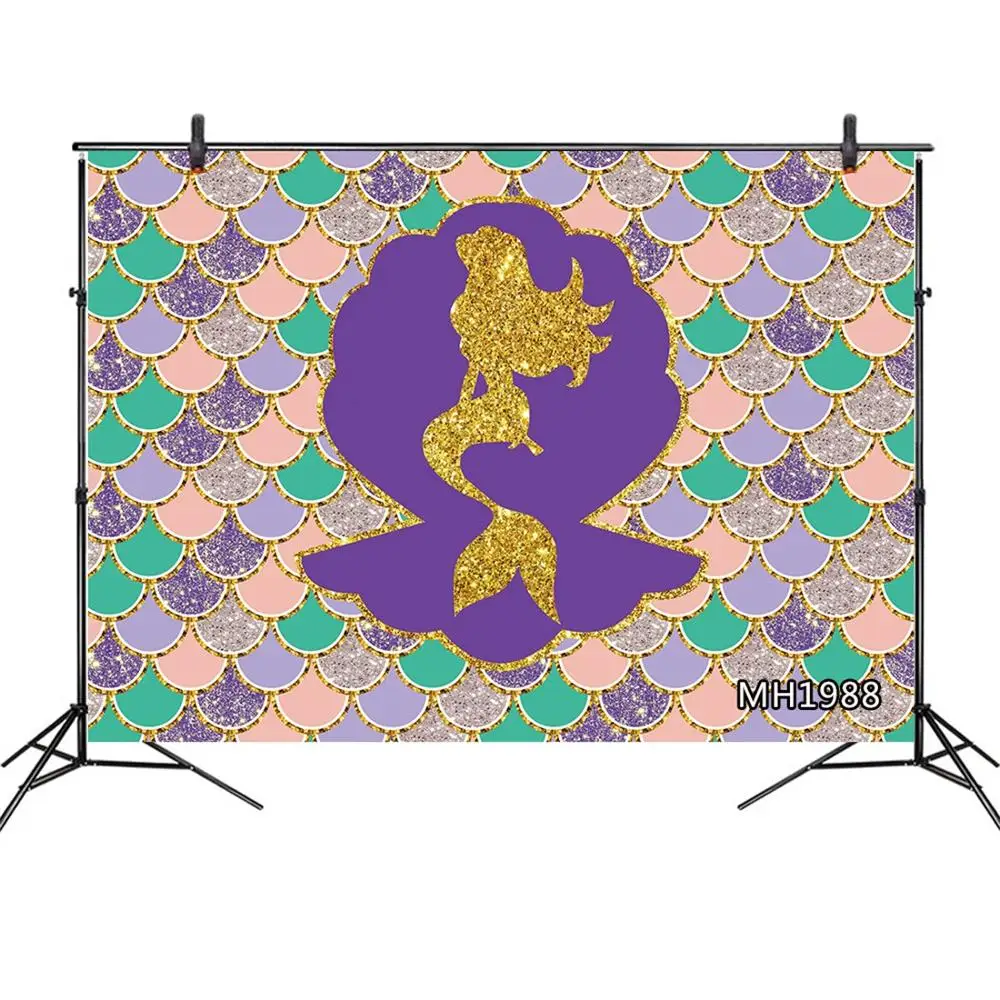 Фото Colored Scales Golden Mermaid Photography Backdrop Birthday Banner Photo Studio Booth Background Newborn Baby Shower Photocall |