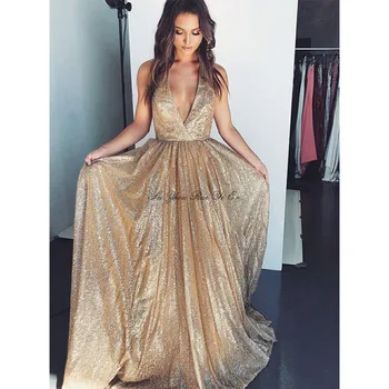 Golden V-neck Prom Dresses Sexy Halter Backless Prom Gown Floor Length A-line Sparkly Formal Evening Gown Vestido De Festa
Golden V-neck Prom Dresses Sexy Halter Backless Prom Gown Floor Length A-line Sparkly Formal Evening Gown Vestido De Festa