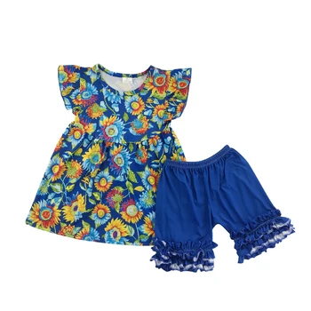 latest style fancy floral printing flutter sleeves tops matching blue icing short outifit for girls
latest style fancy floral printing flutter sleeves tops matching blue icing short outifit for girls